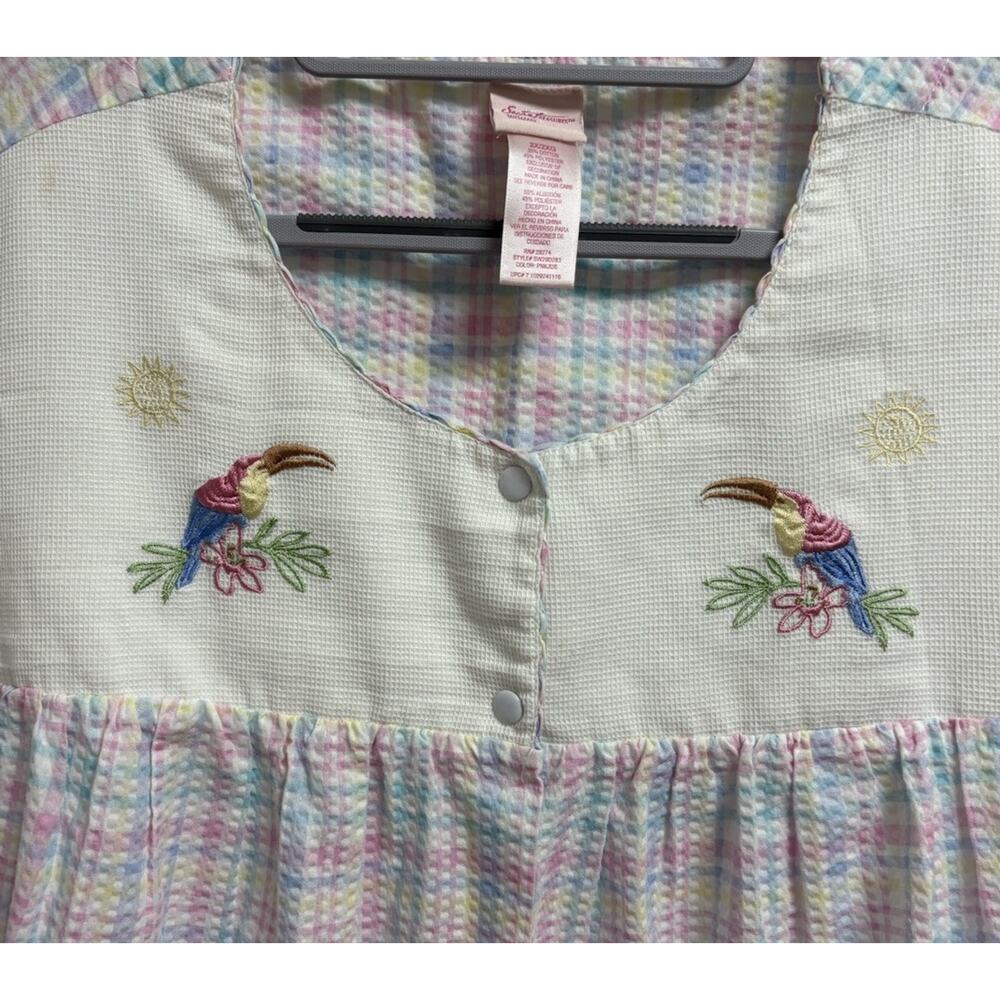 Vintage Secret Treasures Womens 2X Pastel Plaid Tucan Bird Embroidery Night Gown - Picture 3 of 6